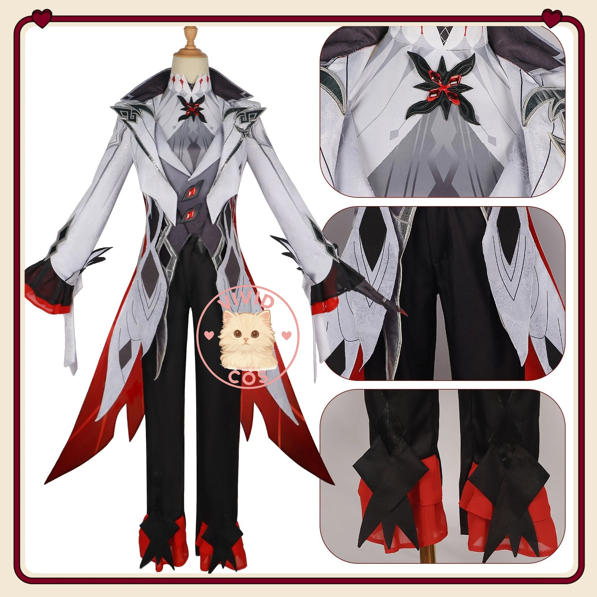 

Genshin Impact Arlecchino Snezhnaya The Knave of The Fatui Harbinger Gothic Villain Elegance Cosplay Costume Black White Palette