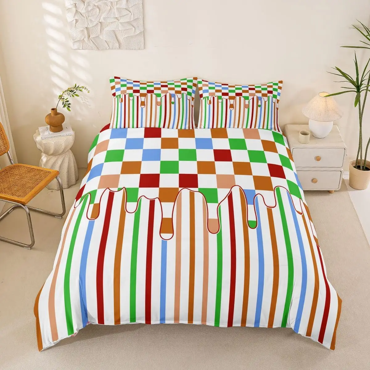 Geometric Checkered Duvet Cover Full Queen Vertical Stripes Comforter Cover Checkerboard Drip Bedding Set Modern Plaid Bed Set