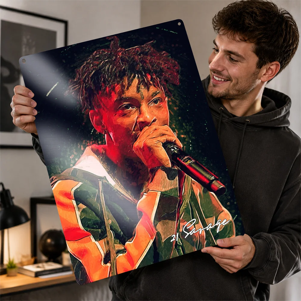 21 Savage Microphone Performance Aluminum Poster Painterly Wall Art For Music Studio Customized Metal Sign Record Collector Gift