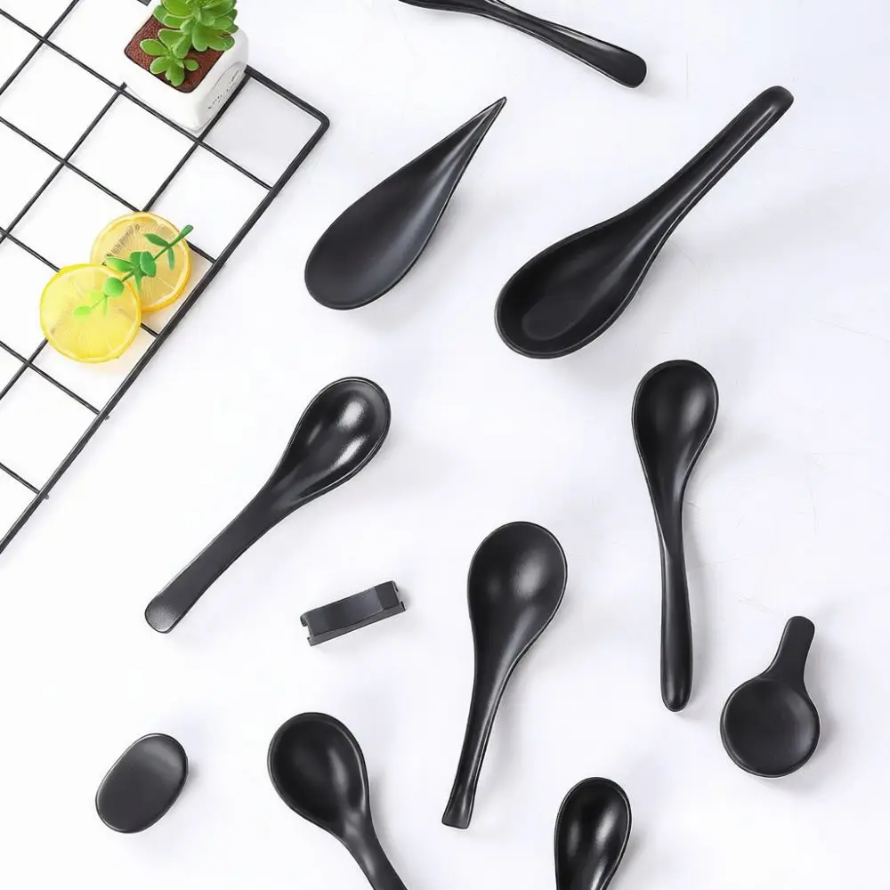 Premium Melamine Ramen Spoon Professional Soup Ladle Matte Black Long Handle Hook Design Durable Food Grade Kitchen Supplies