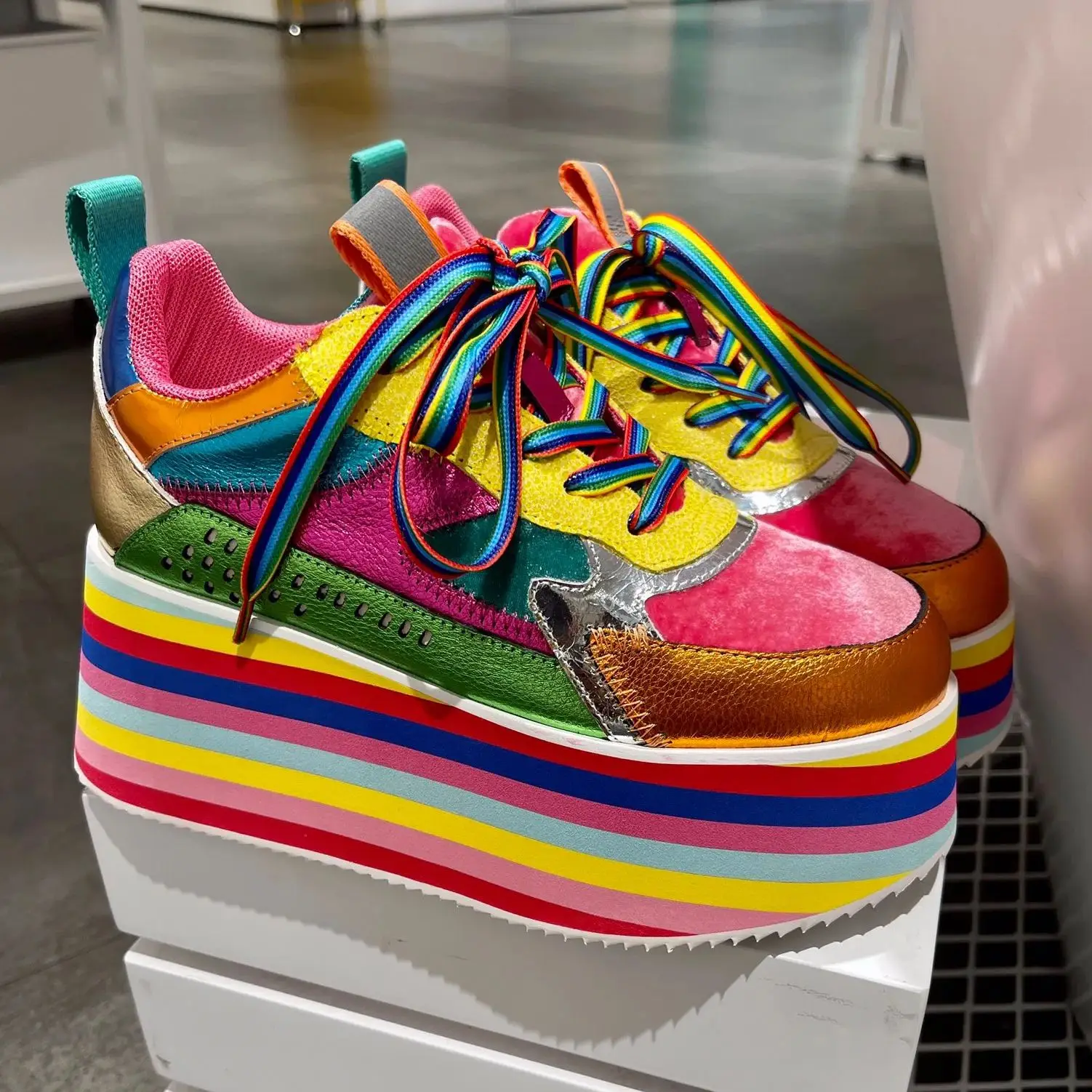 Women Rainbow Shoes High Heels Platform Girl Chunky Sneakers Colorful Mixed Color Fashion Luxury Brand Thick Sole Multi-color