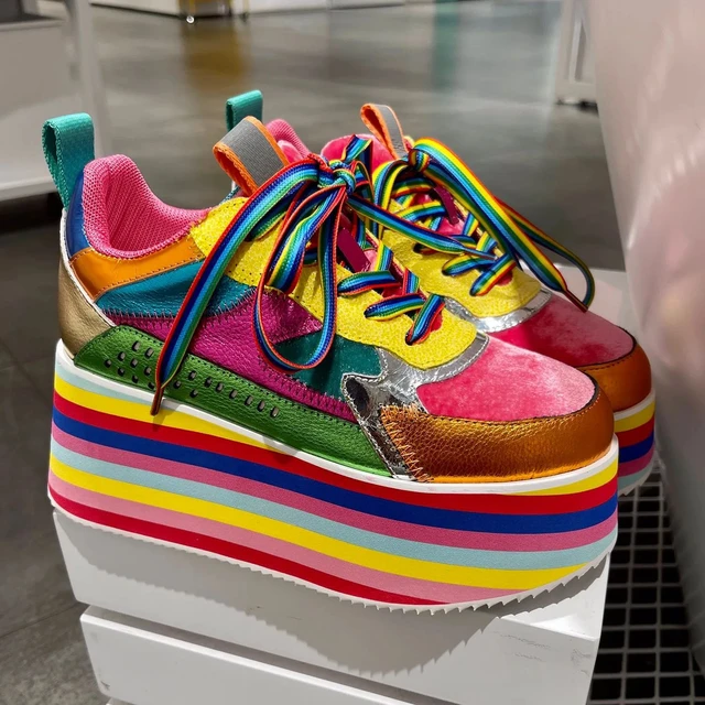 Women Rainbow Shoes High Heels Platform Girl Chunky Sneakers Colorful Mixed Color Fashion Luxury Brand Thick Sole Multi color
