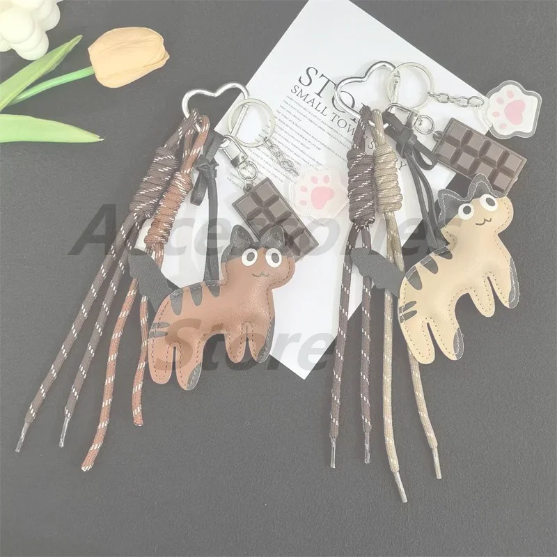 Cartoon Chocolate Cat Keychain Fashion Versatile Rope Knot Keyring Bag Pendant Backpack Hanging Decoration Car Key Holder