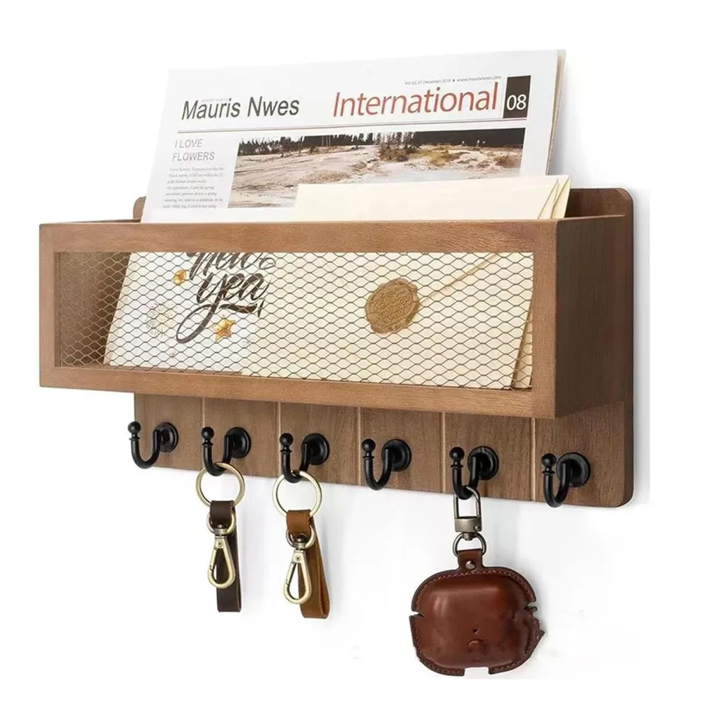 Portachiavi in legno per l'ingresso, da parete, organizer per posta e appendiabiti con 6 ganci, scaffale rustico per chiavi e occhiali da sole