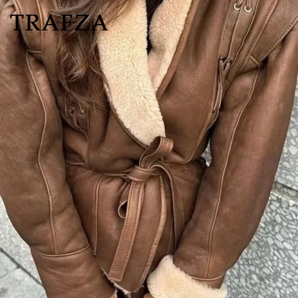 TRAFZA 2024 Autumn Winter Vintage Women Lace Up Jackets Fashion Streetwear Thick Solid Turn-down Collar Chic Ladies Short Coats