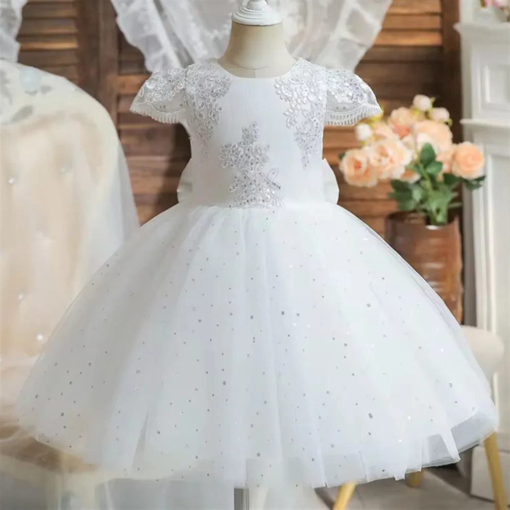

Elegant Flower Girl Wedding Dress Appliques Lace Sequined Bow Princess Birthday Party Pageant Dress vestidos de comunión Gown