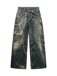 2025 New Candy Chain Old Washed Denim Zipper Slim Fit Straight PANT Jeans Cotton Denim Pants Casual Jeans Size XS-XL #N018