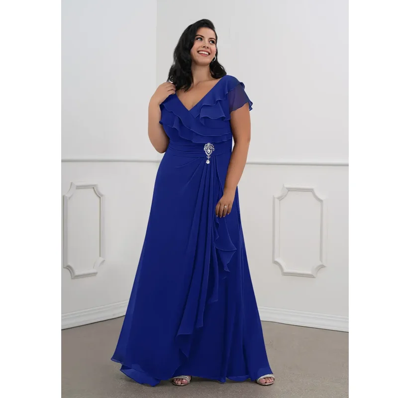 

S-7xl Ruffled V-Waisted Multi-Layered Chiffon Mother's Birthday Evening Dress Plus Size Women's Party Chiffon Evening Dress