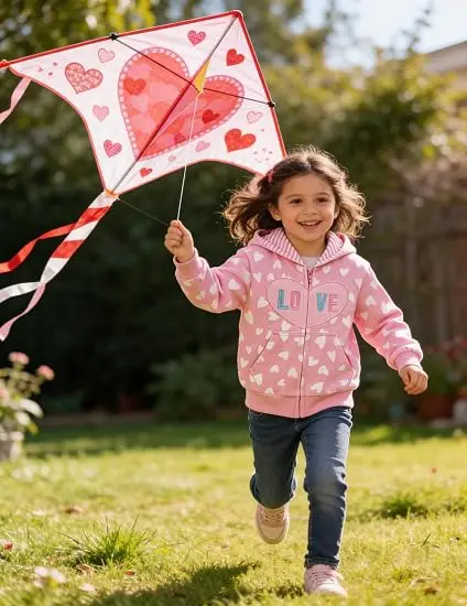 Little Hand Girls Zip‑Up Hooded Jacket Toddler Heart Print Autumn Cotton Pink Coat With Pockets for Kids 2‑7Y Valentine's Day
