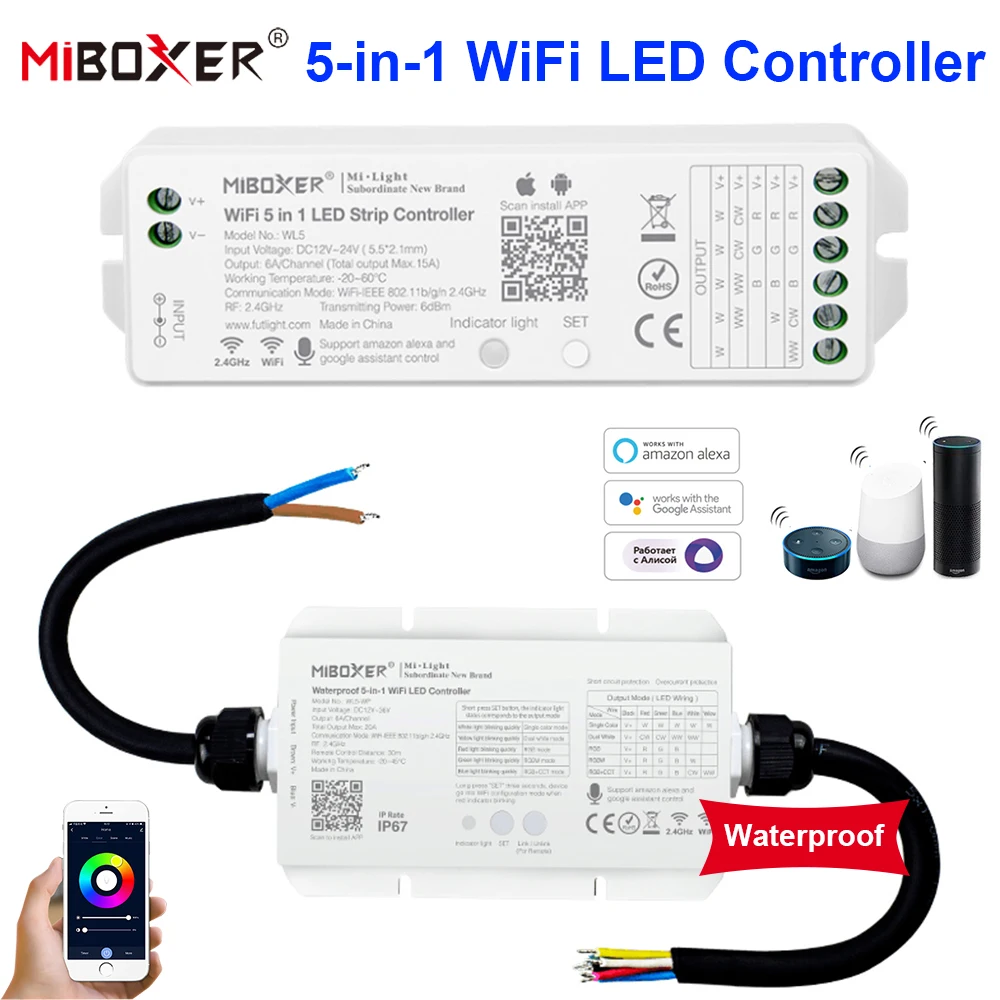 

Miboxer WL5 5 in 1 WiFi LED Strip Controller Dimmer Waterproof DC12V 24V For Single color CCT RGB RGBW RGB+CCT Strip Light Lamp