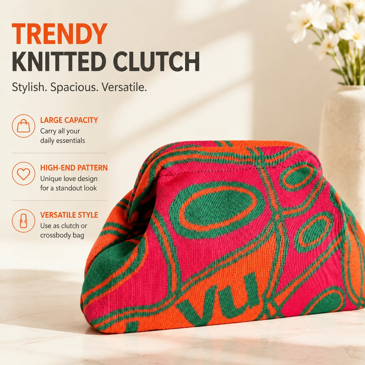 Knitted Clutch Bag Women Trendy Large Capacity Storage Handbag High-End Pattern Love Knitted Handbag Versatile Crossbody Clutch