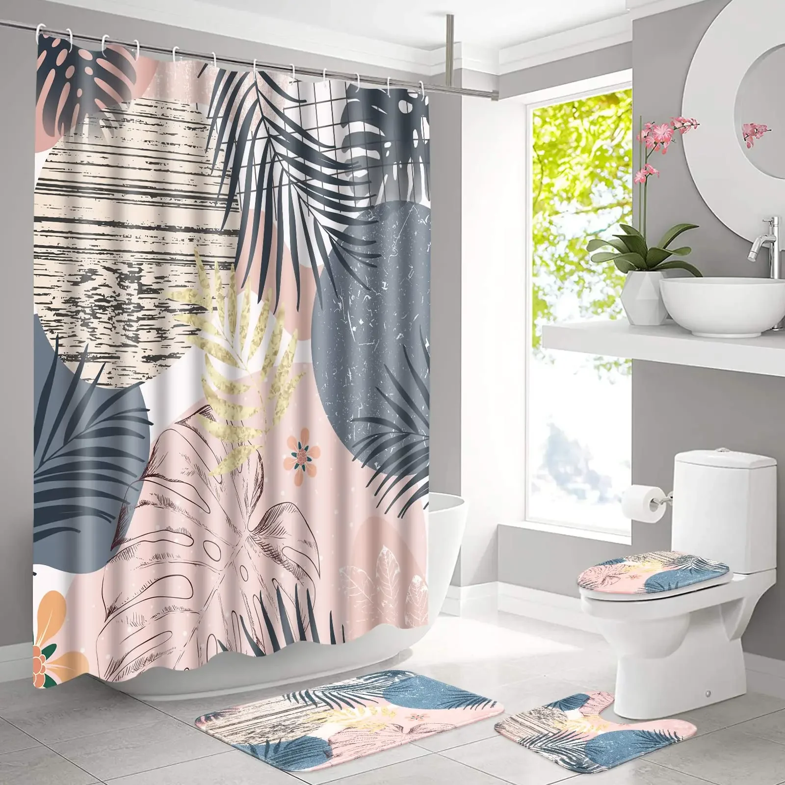 

Набор занавесок для душа середины века, набор занавесок для душа в стиле бохо с ковриком, абстрактный водонепроницаемый набор занавесок для душа в ванной комнате, оранжевый в стиле ретро