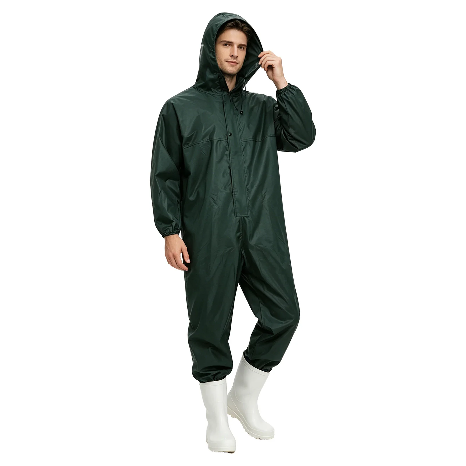 Mens Womens Waterproof Protective Coveralls Raincoat Long Sleeve Zipper Button Hooded Jumpsuit Workwear Outdoor Fishing Overalls