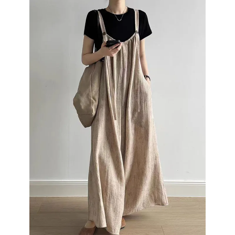 2026 Summer Cotton and Linen Overalls Women's Summer New Drape Loose Casual Wide-leg One-piece Long Pants