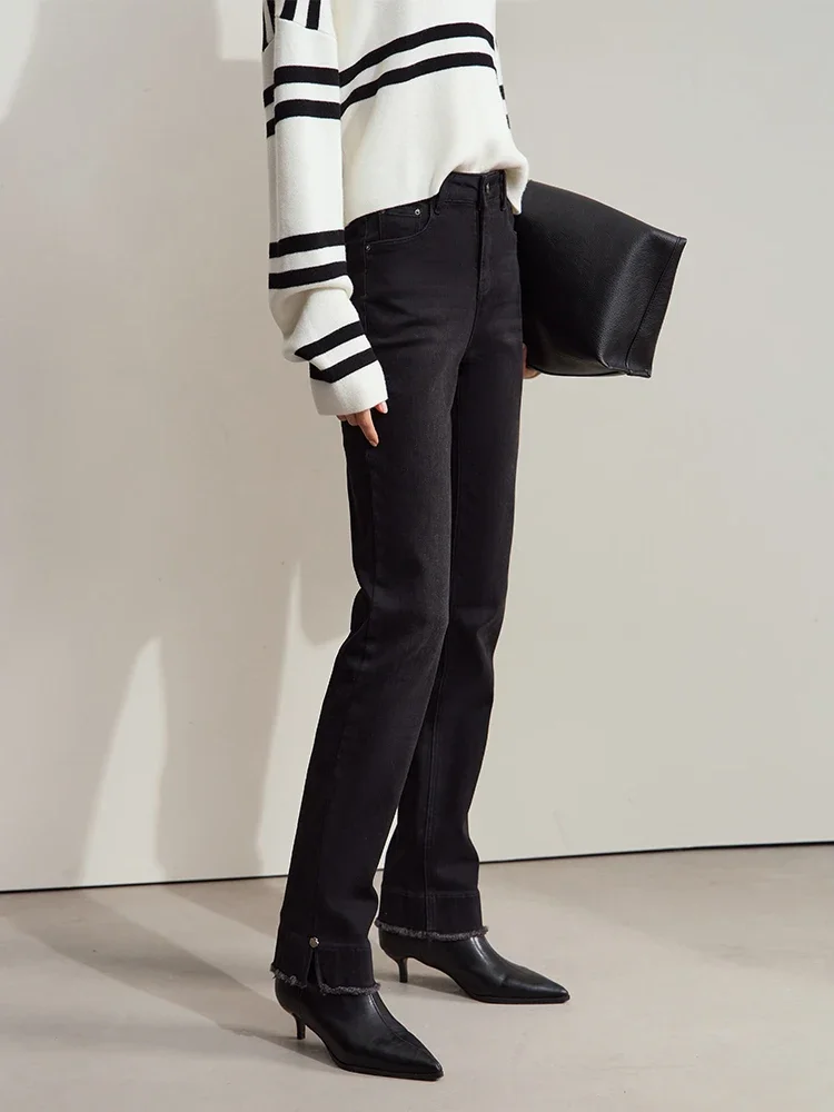 AMII Minimalist 2024 Winter New Women's Clothing Casual Rough Edge Polished Split Jeans Slim Narrow Feet Black Pants 12444148