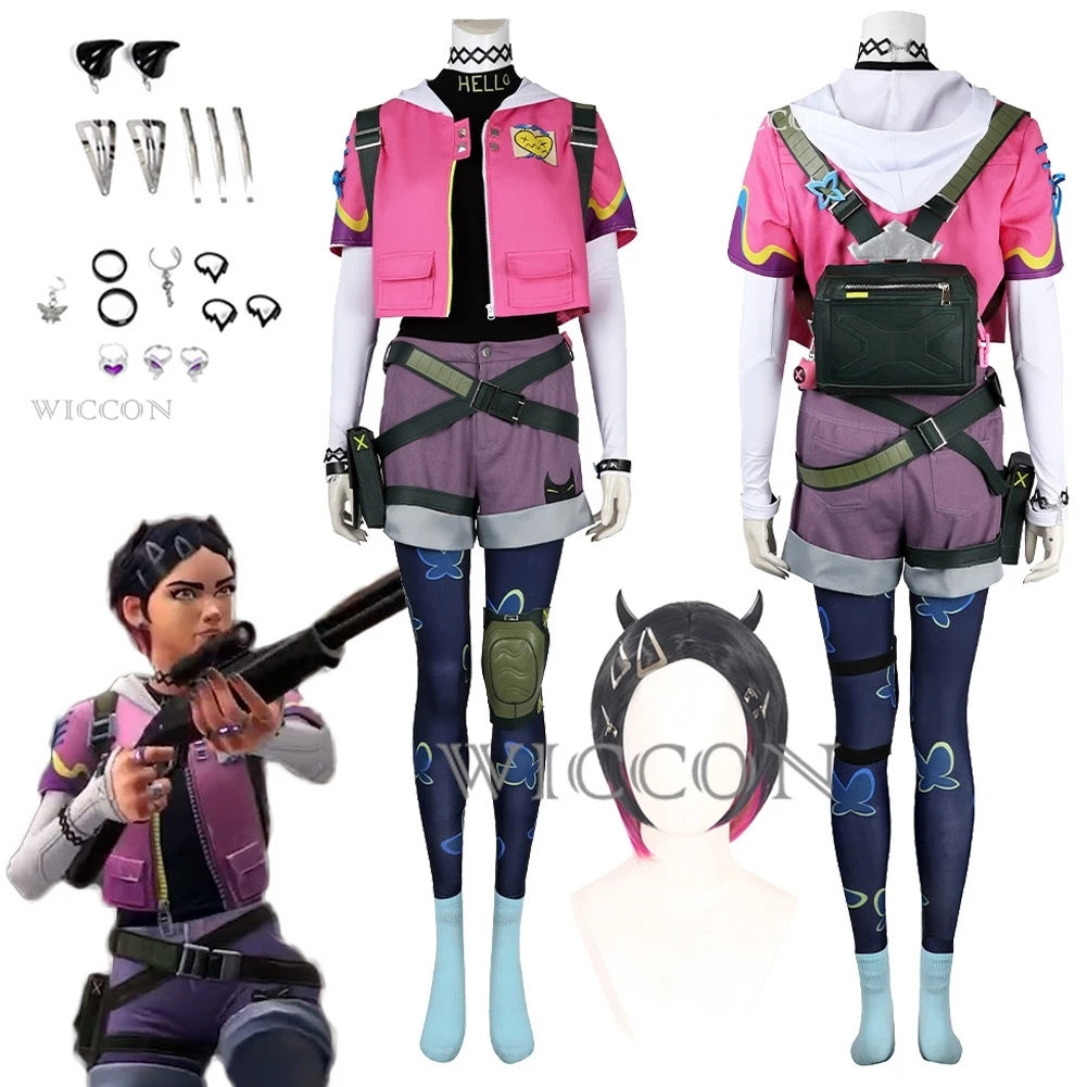 Cravo Cosplay fantasia fantasia fantasia para mulheres, perucas fantasia, pulseiras, colares, ternos, jogo, Valorant, disfarce, fantasia, roupas para adulto