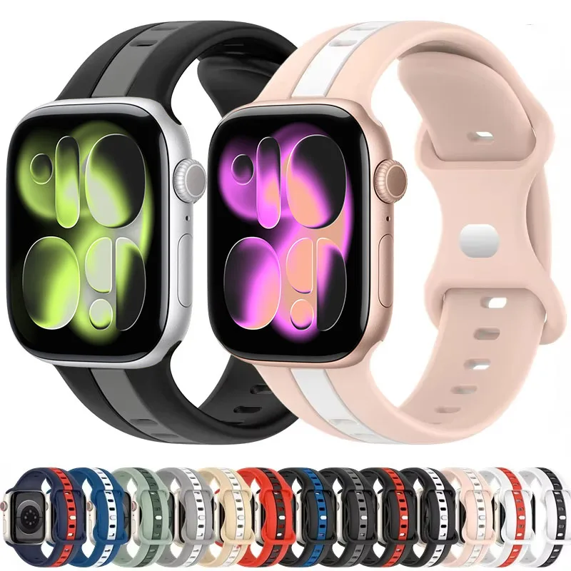 

Silicone Strap For Apple Watch Ultra 3/2 Band 49mm 45mm 41mm 44mm 42mm 46mm Two-color Bracelet iWatch 11 10 9 8 7 6 5 4 SE Belt