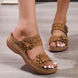 Plus Size Women's Shoes 2024 Summer Retro Roman Sandals Women Pu Casual Flower Wedge Sandals Slippers Women Platform Slippers