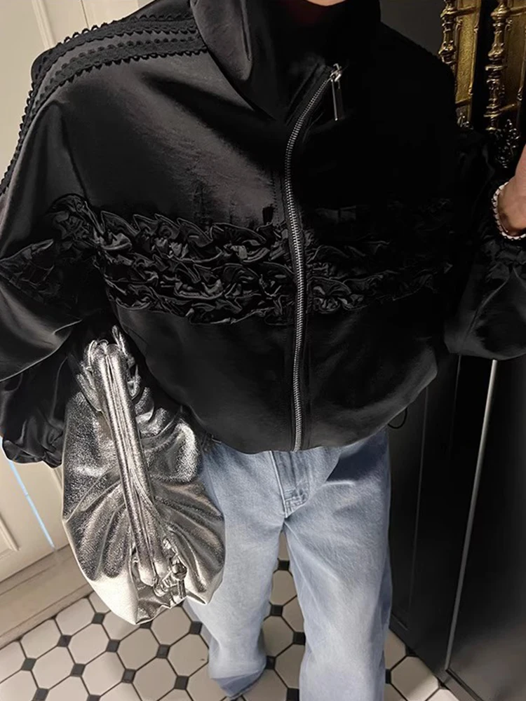 

Korean Chic Autumn New Style Retro Patchwork Pleated Ruffle Edge Causal Drawstring Short Jacket for Women