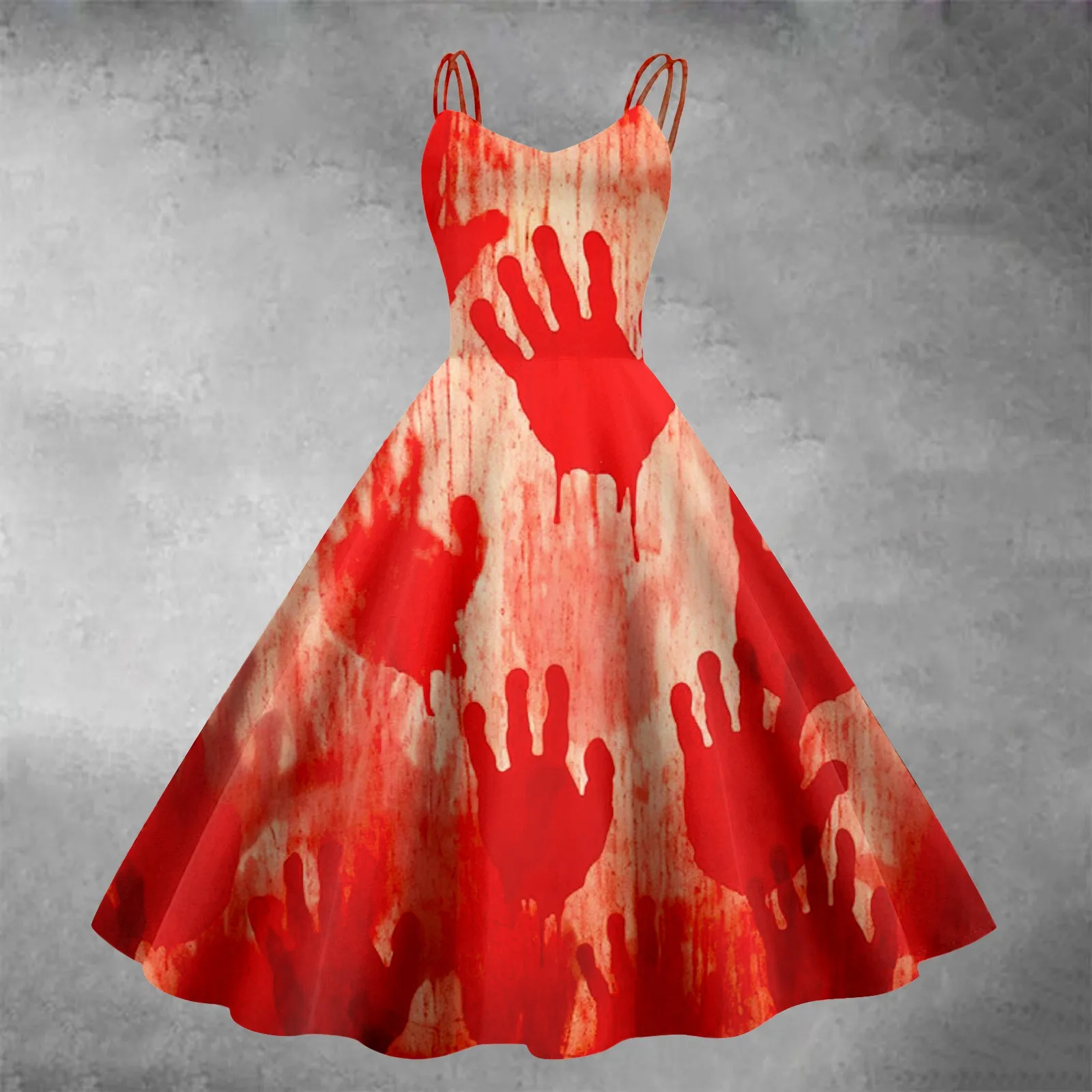 Costumi spaventosi di Halloween donne Gothic Bloody Print abito svasato senza maniche tunica abito da Cocktail abiti da sposa per gli ospiti