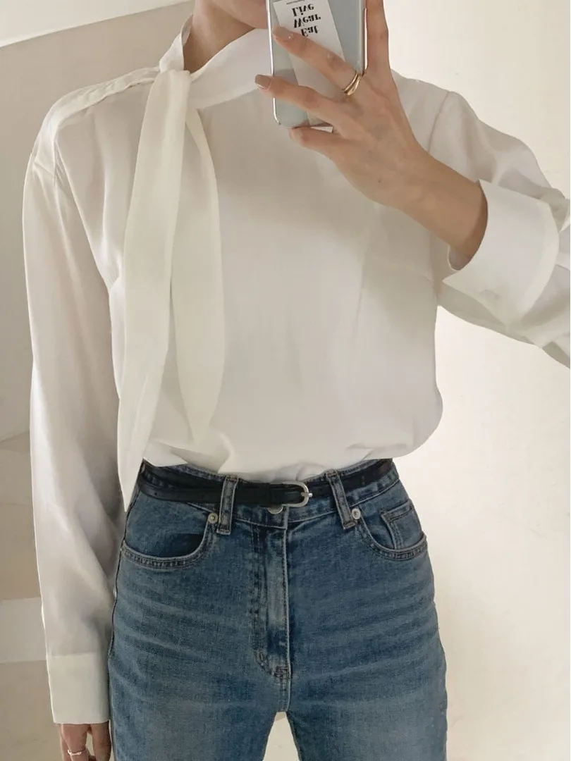 

Ele Korean Sle Women's irt Ранняя весна Faion Trend Белый синий полосатый топ с завязкой на талии Sense Long Sve Top