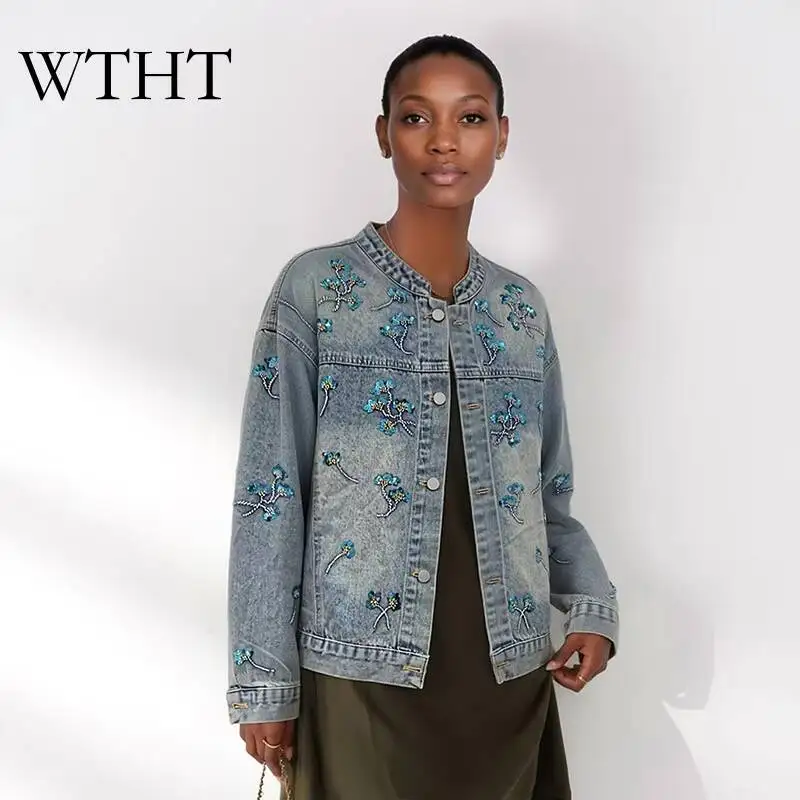 WTHT Vintage 2026 Women Gradient 3D Sequin Flowers Single-breasted Denim Coat Trendy Long-sleeve O-neck Jacket Female 1LS3131