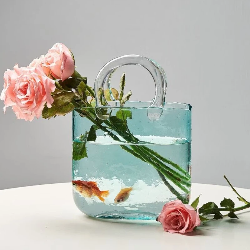 Luxury Glass Handbag Flower Vase Clear Handmade Original Bag Fish Tank Flower Arrangement Home Table Designer Decoration