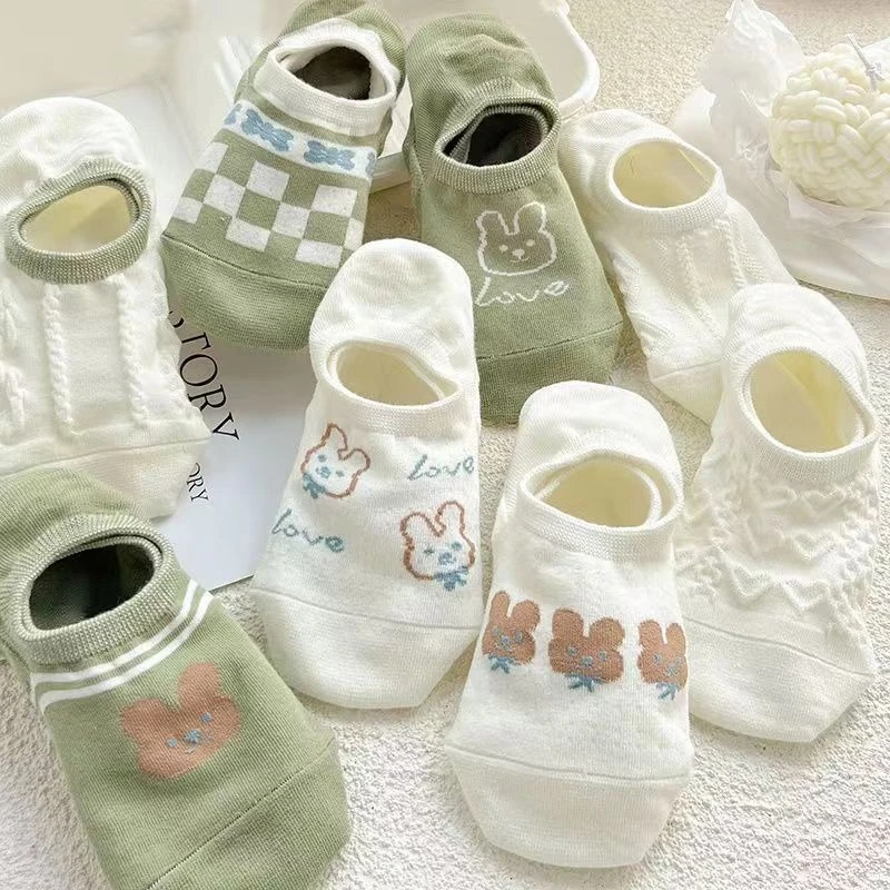 Calcetines invisibles de corte bajo con estampados de dibujos animados bonitos para mujer, calcetines finos de malla transpirable estilo Ins para estudiantes