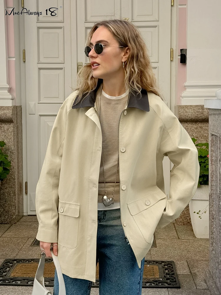 Mnealways18 Beige Oversized Cotton Jackets Women Patchwork Turn Down Collar Pockets Coats Winter 2024 Office Ladies Outerwear