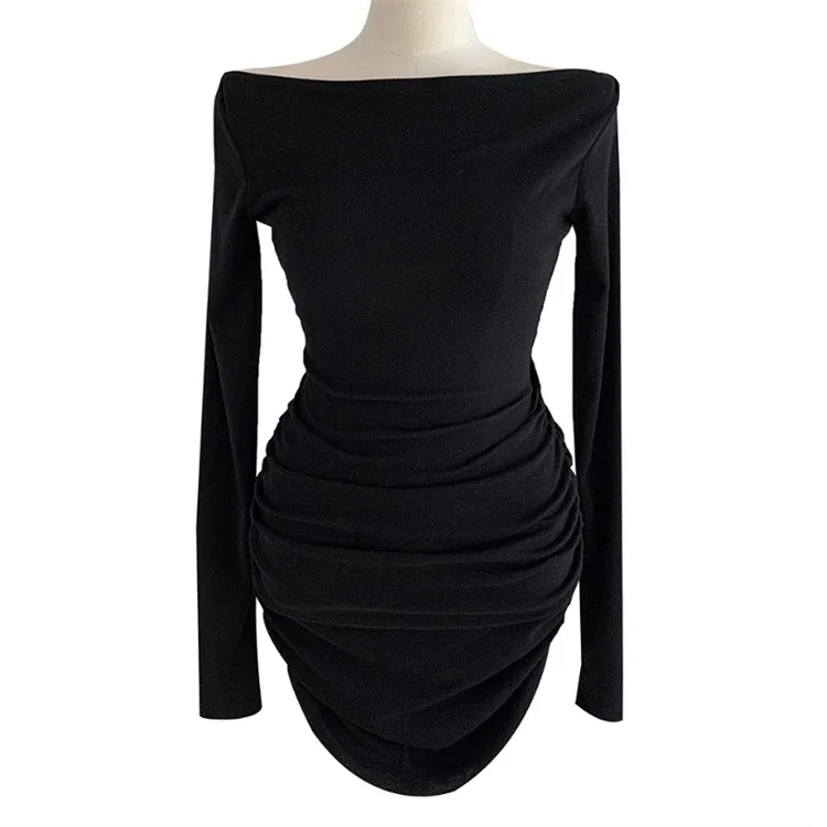 Koreanisches, schulterfreies, verstellbares, einseitiges Damenkleid mit tailliertem Schnitt, plissiertem Rock, figurbetont, schmal geschnitten, schick, figurbetont, Midi- und Minikleider – Detail 8
