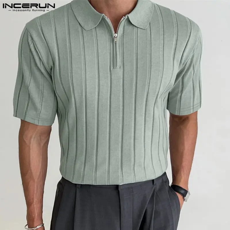 INCERUN Tops 2024 Korean Style Men Solid Knitted Collar Design Shirts Casual Streetwear Male Short Sleeved Zippered Blouse S-5XL