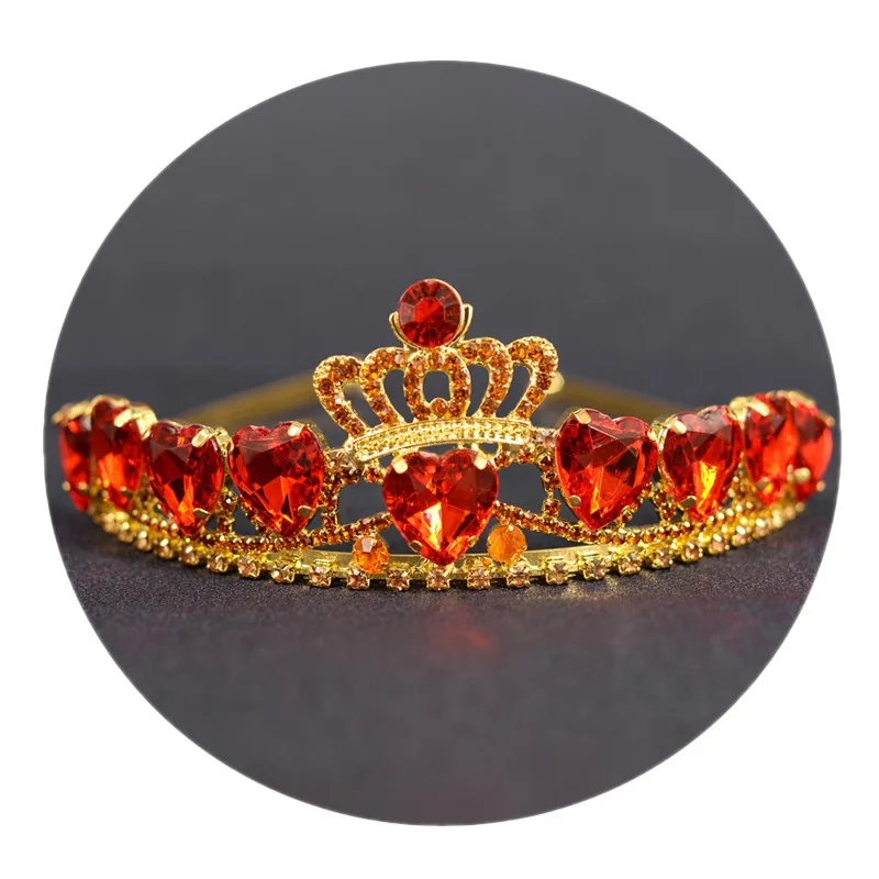 Diadema de corona de nueve corazones de melocotón rojos y dorados para Halloween, accesorios nupciales para el cabello, novedad