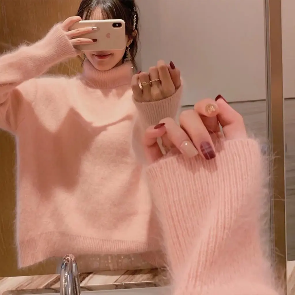 

Women's Autumn Winter Knitwear Turtleneck Thickened Loose Outer Wear Pure Color Four-Color Lazy Style Pure Color Knitwear