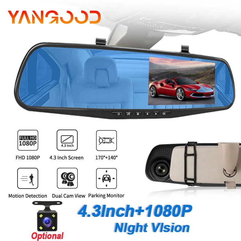

Yangood FHD 1080P 4.3 Inch Dashcam Car Dvr Mirror Camera G-Sensor Optional Rearview Reverse lmage 24-Hour Parking Monitoring