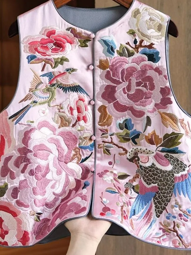 الأزهار المطرزة الحرير الحرير الجاكار سترة المرأة الرجعية الصينية خمر العرقية نمط بلوزات بلا اكمام المتضخم