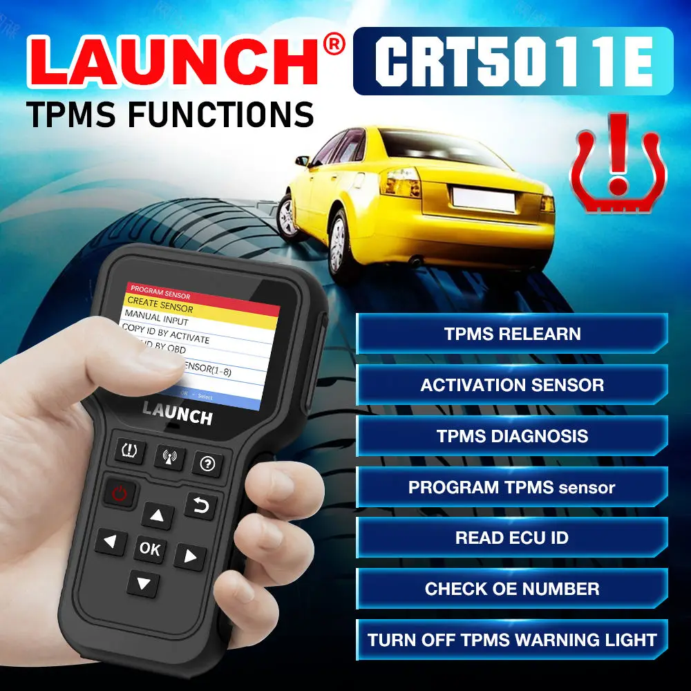 LAUNCH CRT5011E Tire Pressure Diagnostic Tool OBDII Scanner TPMS Activation Clear Tire DTCs 315MHz/433MHz RF-Sensor Optional