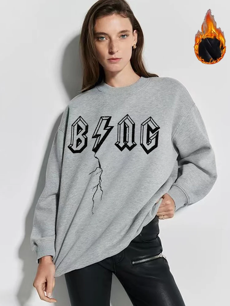 Autumn and Winter New North American Women\'s Clothing BING Lightning Printing, Grabbing Fluff Inside, Gray Crew Neck Sweater