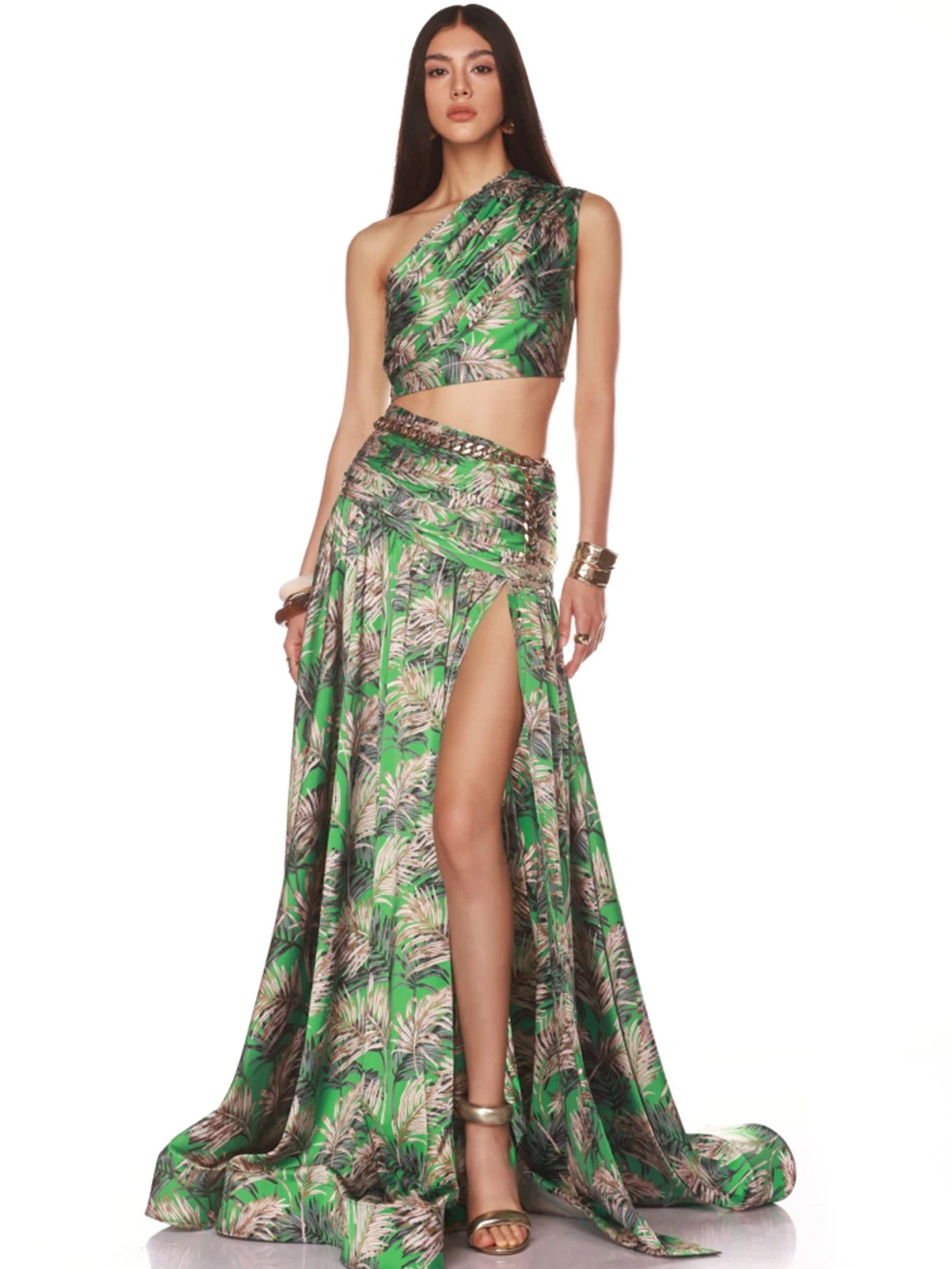 

Women Green Printed Skirts Two Piece Sets One Shoulder Top + Chian Folds Split Long Skirt Beach outfit Evening Party Vestidos