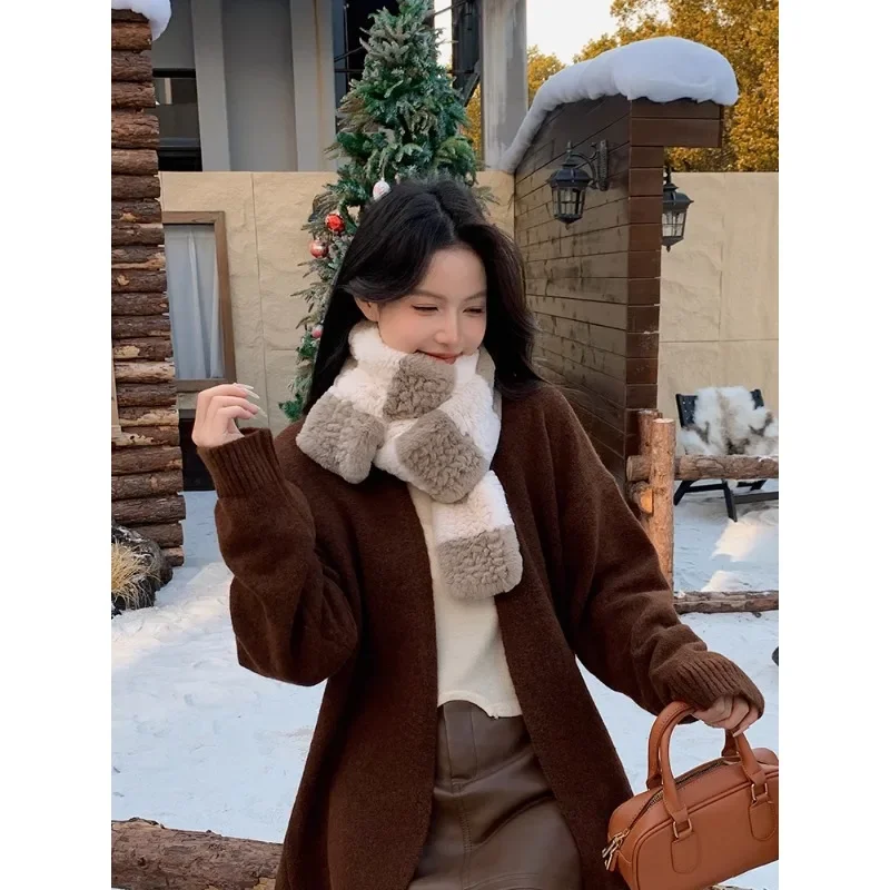 Autumn and winter new knit Rex rabbit hair contrasting color long scarf Korean version double-sided woven warm plush scarf