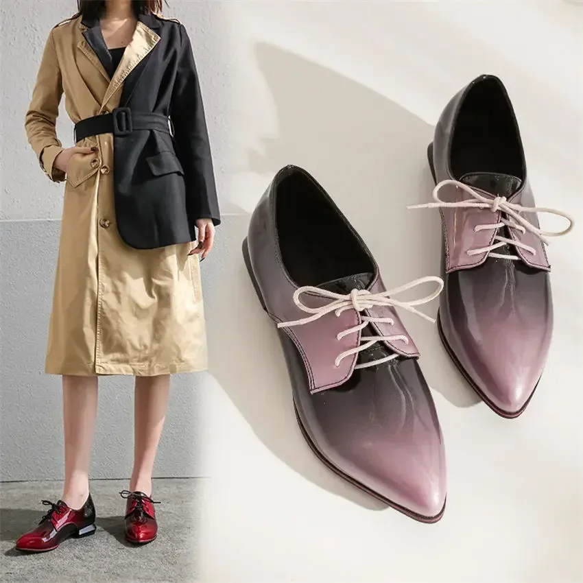 Big Size Women Derbies Gradient Red Purple Patent Leather Flats Casual Office Ladies Vintage Lace-up Pointed Toe Brogues Oxfords