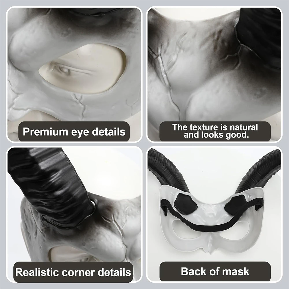 قناع نصف وجه على شكل قرن الشيطان الأبيض للهالوين، زي شخصية للعطلات، دعائم أداء الرقص، قناع بلاستيكي مزخرف بموضوع الرعب