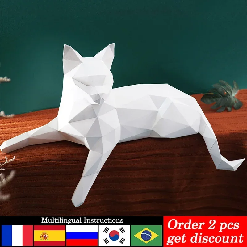 White Cat Animal Decor Home Origami Decoration Paper Model,Low Poly 3D Papercraft Art,Handmade DIY Teens Adult Craft RTY209