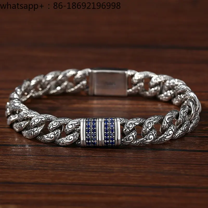 S925 Sterling Silver Solid Personality Trendy Man Domineering Retro Ethnic Style Tang Grass Pattern Cuban Chain