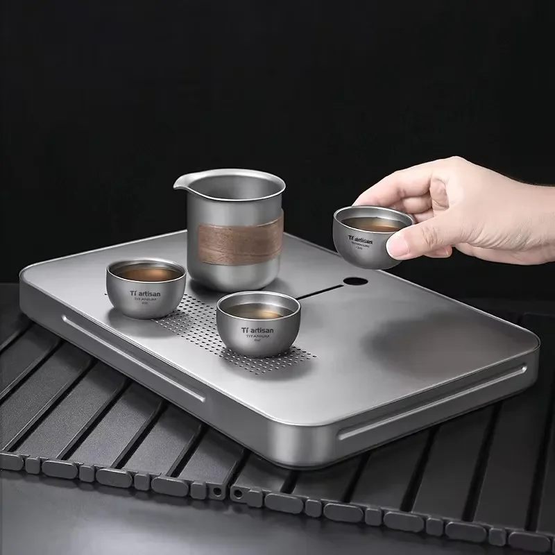 Pure Titanium Square Tea Tray with Drain Lightweight Portable Coffee Table for Outdoor Camping and Home Use Durable Design