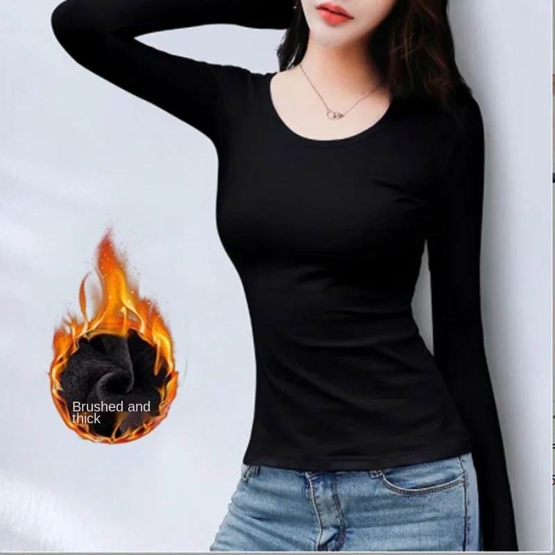 2023 Autumn Winter Women's Tops Long-sleeved T-shirt Plus Velvet Padded Bottoming Shirt Women Round Neck V-neck Solid Color Top