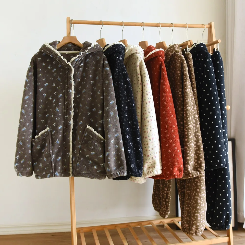 Winter Thickened Warm Sleepwear Hooded Pajama Sets Flannel Homewear Female 2Pcs Home Clothes Trouser Suit Pijama Pyjama Woman