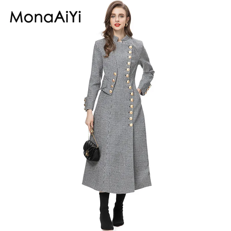 MonaAiYi Runway Fashion Designer Outerwear Women's Bird Lattice Single-Breasted Metal Lion Buttons High Street Gray Coat 2023