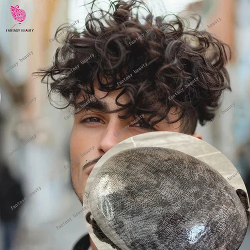 Imagen 1 del producto Prótesis Capilar Masculina de Cabello Humano Rizado Duradero con Línea de Cabello Natural de 28mm y 25mm, Manejable, con Base de PU, en Tonos Marrón Oscuro, Gris y Negro