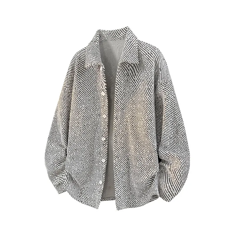 Men Diagonal Striped Shirt Jacket Loose Oversized Lapel Button Down Casual Shacket Three Colors Vintage Streetwear Outer Coat