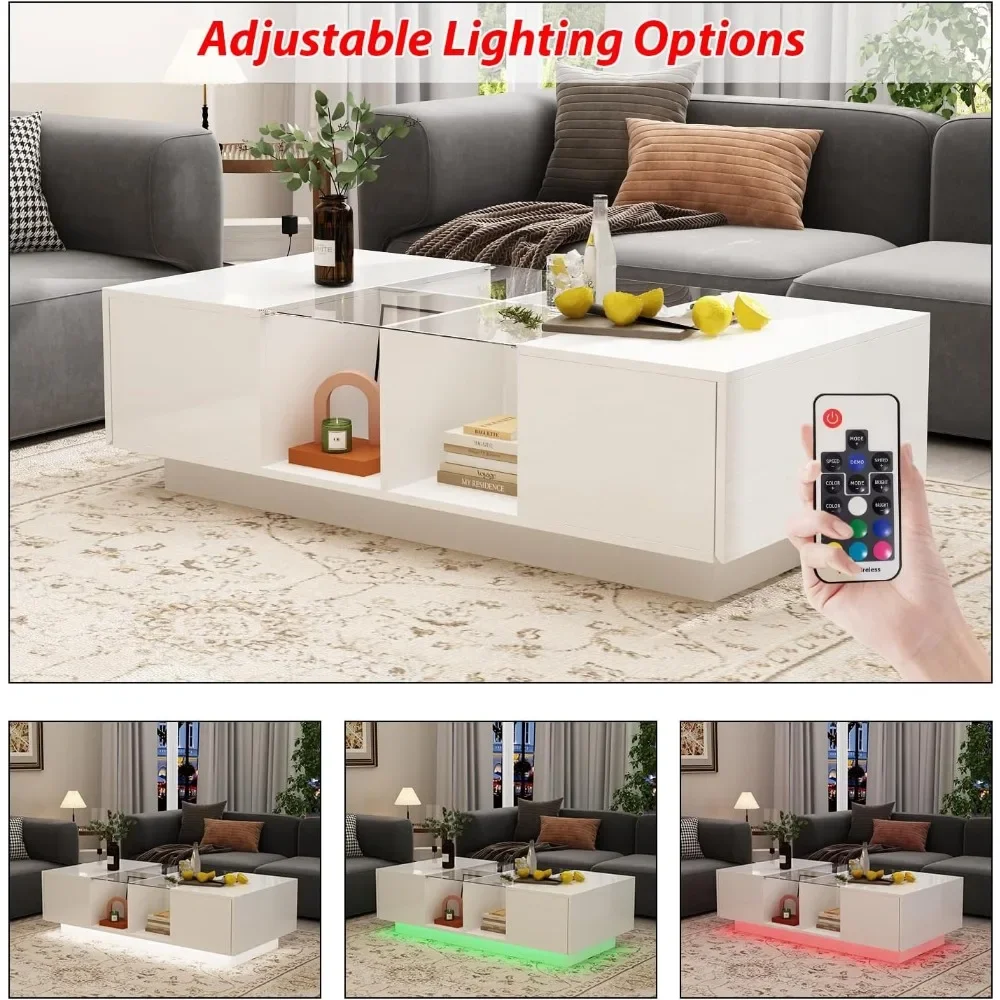 Moderner LED-Couch tisch mit Schubladen und offenen Fächern, rechteckiger Couch tisch mit Glasplatte